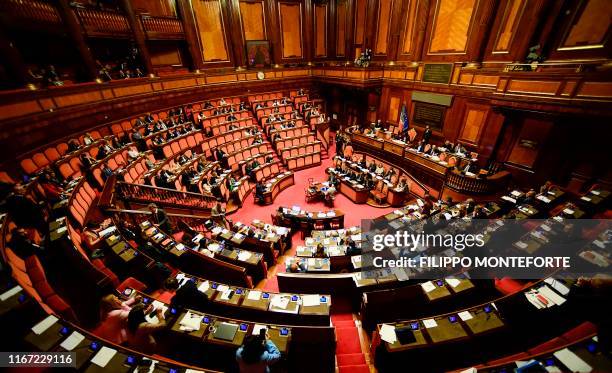 General view shows the Italian Senate and Italy's Prime Minister Giuseppe Conte on September 10, 2019 prior to the new government's confidence vote...