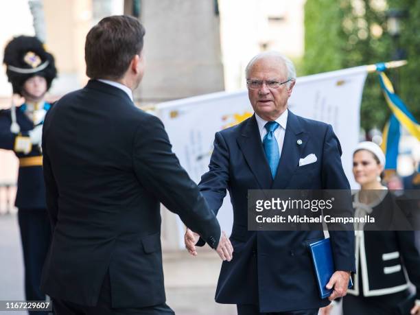 King Carl XVI Gustaf of Sweden arrives at the Swedish Parliament House for the opening of the new parliamentary session on September 10, 2019 in...