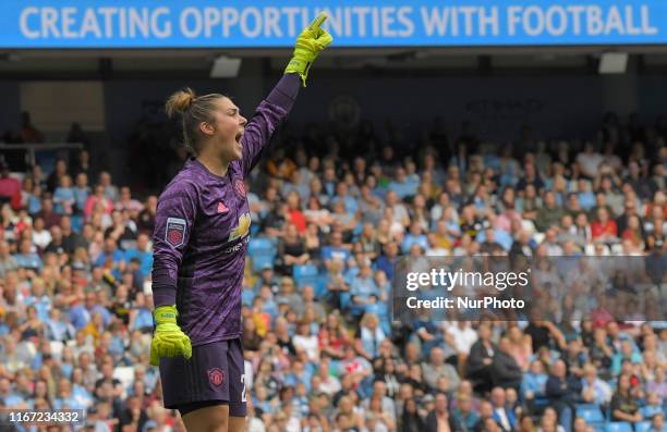 Mary Earps during English FA Women's Super League match between Manchester City and Manchester United at City of Manchester Stadium, Manchester...