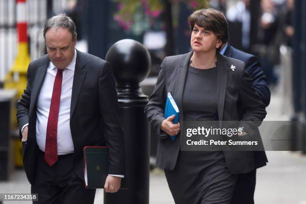 Arlene Foster, leader of the DUP and Nigel Dodds arrive at Downing Street for talks with UK Prime Minister, Boris Johnson on September 10, 2019 in...