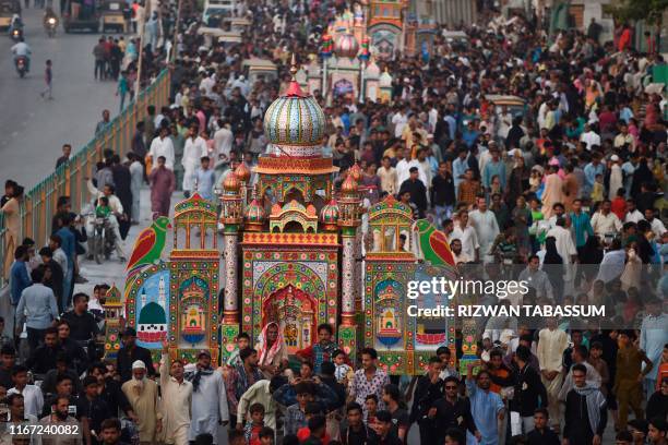 Sunni Muslim take part in a procession on the tenth day of Muharram, which marks the day of Ashura, in Karachi on September 10, 2019. - Ashura is a...