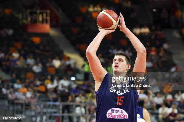 Nikola Jokic of Serbia shoots during FIBA World Cup 2019 Quarter-finals match between Argentina and Serbia at Dongguan Basketball Center on September...