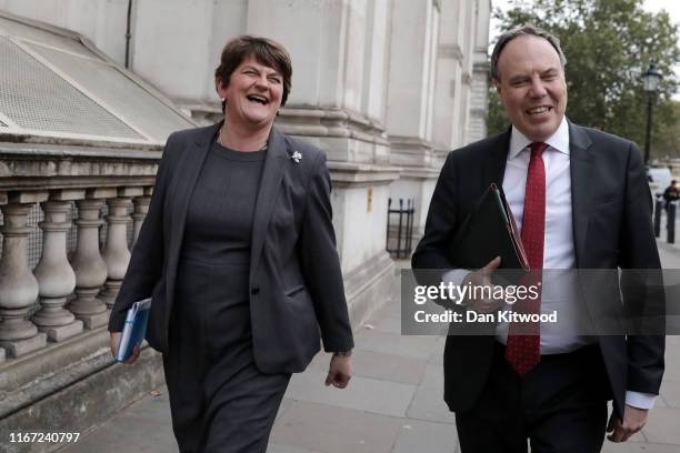 Arlene Foster, leader of the DUP and Nigel Dodds leave Downing Street following talks with UK Prime Minister, Boris Johnson on September 10, 2019 in...