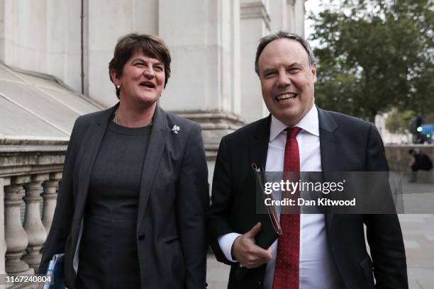 Arlene Foster, leader of the DUP and Nigel Dodds leave Downing Street following talks with UK Prime Minister, Boris Johnson on September 10, 2019 in...