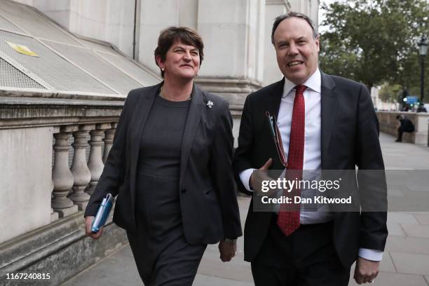 Arlene Foster, leader of the DUP and Nigel Dodds leave Downing Street following talks with UK Prime Minister, Boris Johnson on September 10, 2019 in...