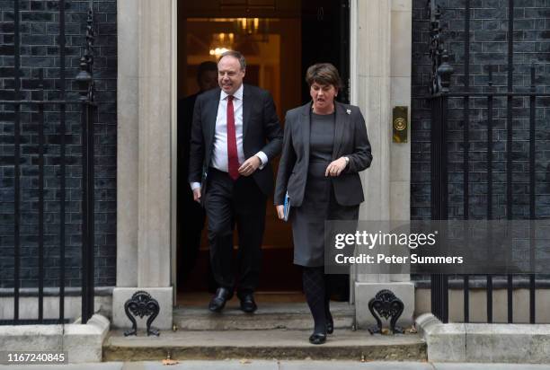 Arlene Foster, leader of the DUP and Nigel Dodds leave Downing Street following talks with UK Prime Minister, Boris Johnson on September 10, 2019 in...