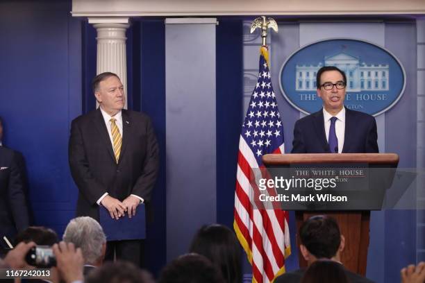 Secretary of State Mike Pompeo and Treasury Secretary Steven Mnuchin brief reporters in the James Brady briefing room at the White House on September...