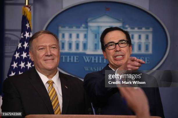 Secretary of State Mike Pompeo and Treasury Secretary Steven Mnuchin brief reporters in the James Brady briefing room at the White House on September...