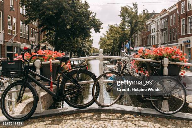 delft netherlands, bikes in front of the canal - delft stock pictures, royalty-free photos & images