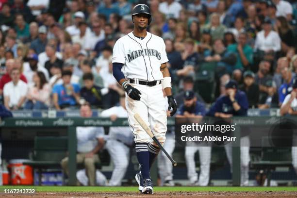 Keon Broxton of the Seattle Mariners reacts after striking out in the fifth inning against the San Diego Padres during their game at T-Mobile Park on...