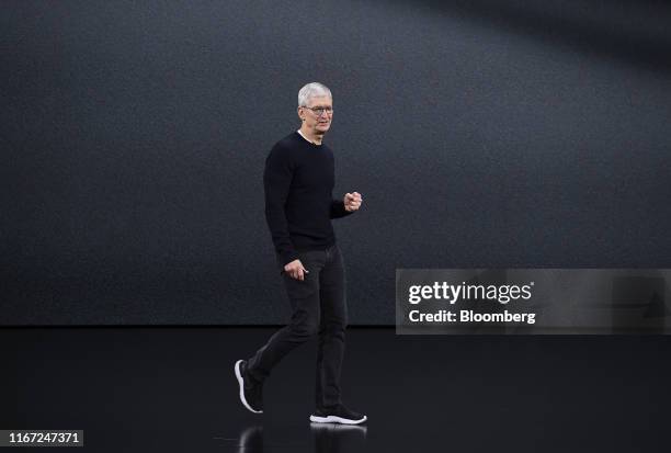 Tim Cook, chief executive officer of Apple Inc., speaks during an event at the Steve Jobs Theater in Cupertino, California, U.S., on Tuesday, Sept....