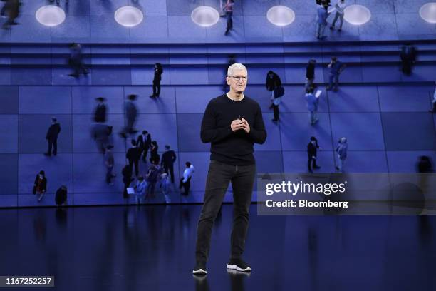 Tim Cook, chief executive officer of Apple Inc., speaks during an event at the Steve Jobs Theater in Cupertino, California, U.S., on Tuesday, Sept....