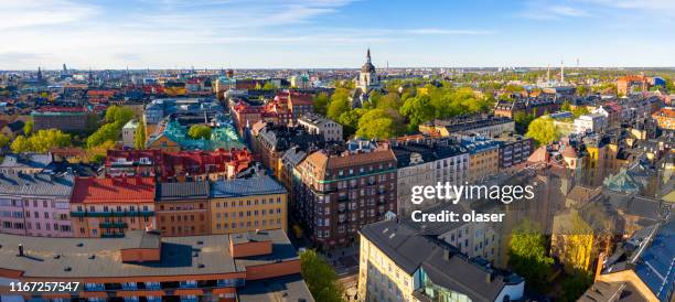 flying over central stockholm, near gotgatan, sodermalm - sodermalm stock pictures, royalty-free photos & images