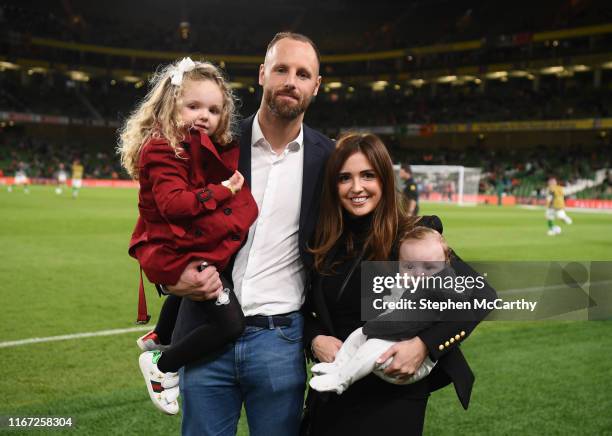 Dublin , Ireland - 10 September 2019; Former Republic of Ireland international David Meyler with his wife Cally, daughter Alanna and son Brody during...