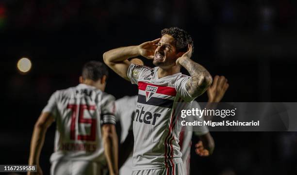 Alexandre Pato of Sao Paulo celebrates after scoring his team first goal during a match between Sao Paulo and Santos for the Brasileirao Series A...