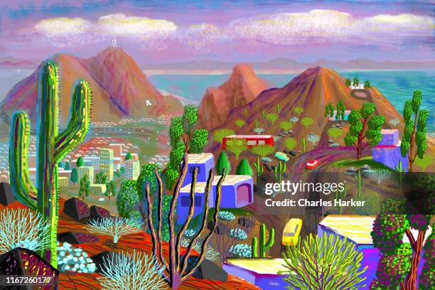 city scene in folk fantasy desert and ocean landscape painting. - mexican rustic bildbanksfoton och bilder