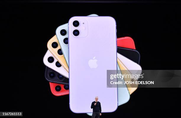 Apple CEO Tim Cook speaks on-stage during a product launch event at Apple's headquarters in Cupertino, California on September 10, 2019. - Apple...