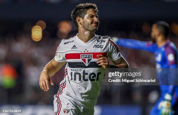 Alexandre Pato of Sao Paulo celebrates after scoring his second goal and the third of his team during a match between Sao Paulo and Santos for the...