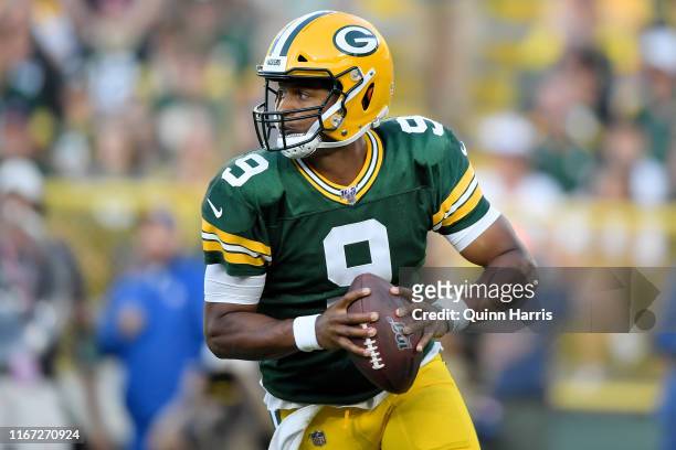 DeShone Kizer of the Green Bay Packers drops back to pass in the first quarter against the Houston Texans during a preseason game at Lambeau Field on...