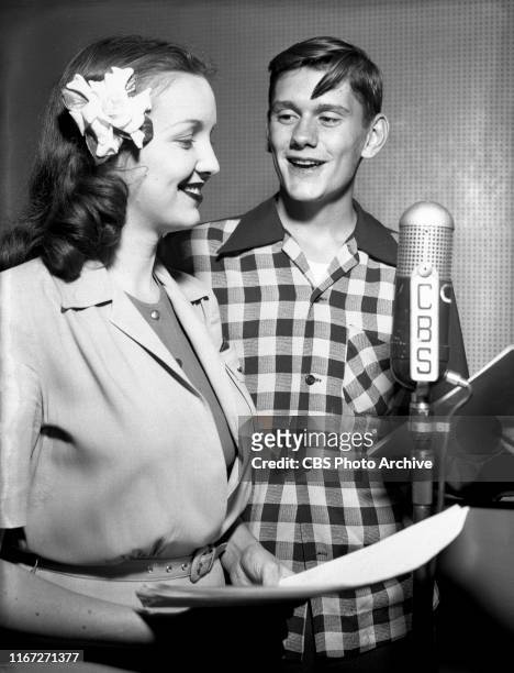 That Brewster Boy, a CBS Radio situation comedy. Left to right, Jane Webb ; and Dick York . July 1, 1944.