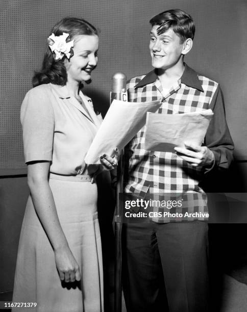 That Brewster Boy, a CBS Radio situation comedy. Left to right, Jane Webb ; and Dick York . July 1, 1944.