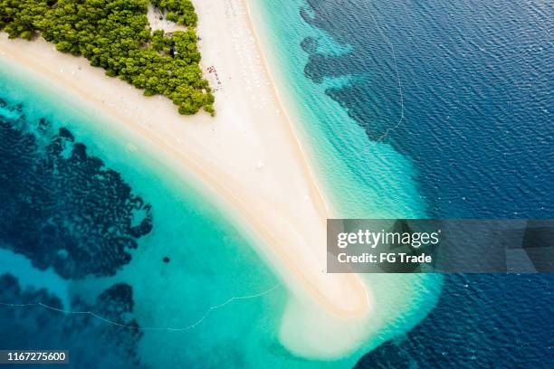 aerial view of zlatni rat beach, bol, croatia - brac stock pictures, royalty-free photos & images