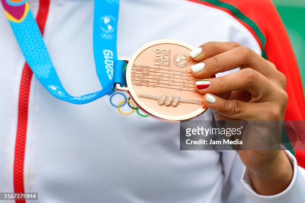 Bronze medalist Lizbeth Salazar of Mexico celebrates at the podium after winning the Road Race Women Finals on Day 15 of Lima 2019 Pan American Games...