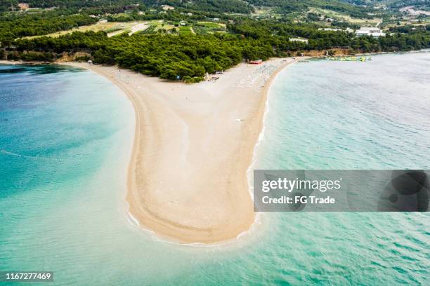 aerial view of zlatni rat beach, bol, croatia - brac stock pictures, royalty-free photos & images