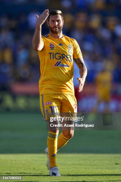 Andre-Pierre Gignac, #10 of Tigres, celebrates after scoring his team's first goal during the 4th round match between Tigres UANL and Necaxa as part...
