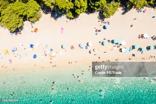 aerial view of zlatni rat beach, bol, croatia - golden horn stock pictures, royalty-free photos & images