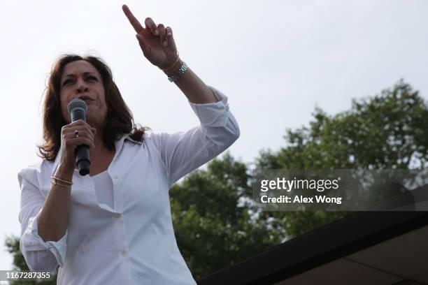 Democratic presidential candidate U.S. Sen. Kamala Harris delivers a campaign speech at the Des Moines Register Political Soapbox at the Iowa State...