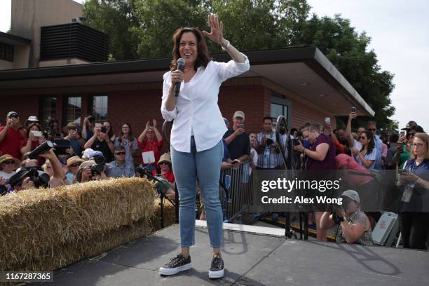 Democratic presidential candidate U.S. Sen. Kamala Harris delivers a campaign speech at the Des Moines Register Political Soapbox at the Iowa State...