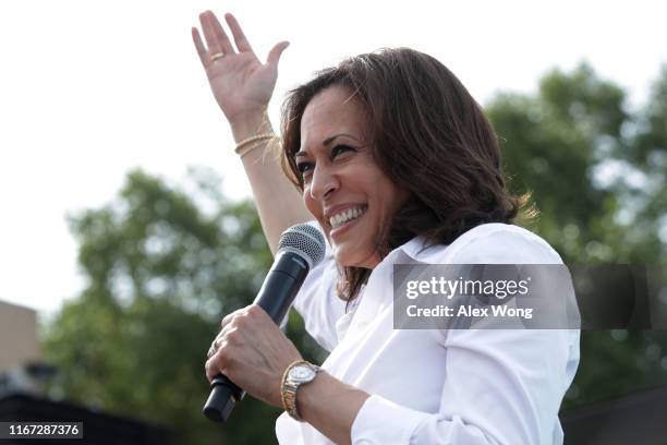 Democratic presidential candidate U.S. Sen. Kamala Harris delivers a campaign speech at the Des Moines Register Political Soapbox at the Iowa State...