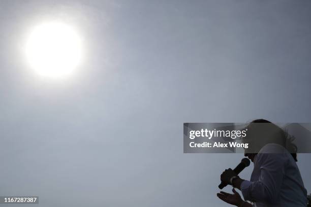 Democratic presidential candidate U.S. Sen. Kamala Harris delivers a campaign speech at the Des Moines Register Political Soapbox at the Iowa State...