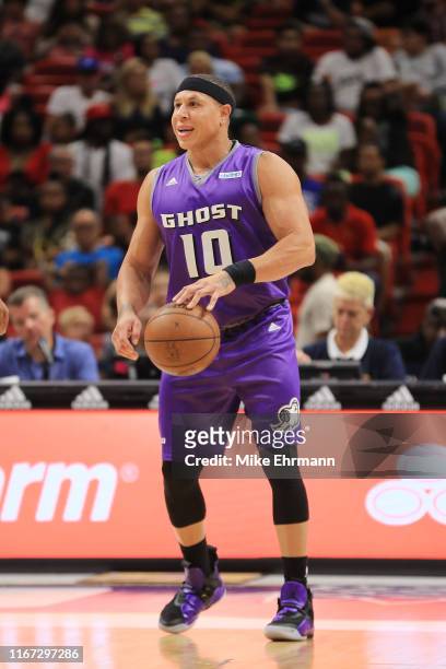 Mike Bibby of the Ghost Ballers in action against Trilogy during week eight of the BIG3 three on three basketball league at AmericanAirlines Arena on...
