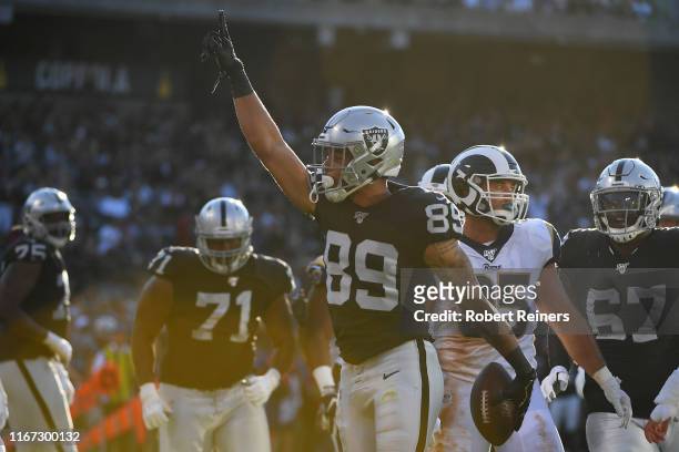 Keelan Doss of the Oakland Raiders celebrates after scoring a touchdown against the Los Angeles Rams during their NFL preseason game at RingCentral...