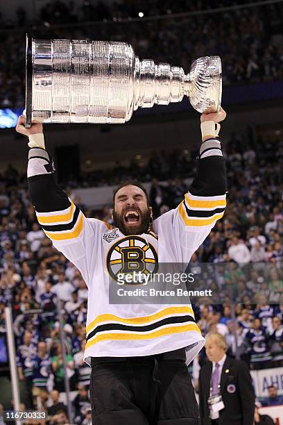 Zdeno Chara of the Boston Bruins celebrates with the Stanley Cup after defeating the Vancouver Canucks in Game Seven of the 2011 NHL Stanley Cup...