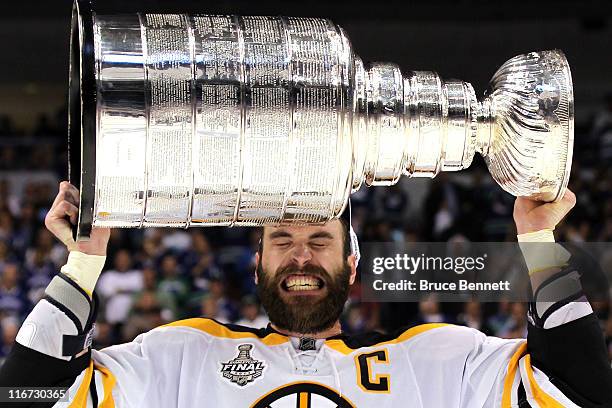 Zdeno Chara of the Boston Bruins celebrates with the Stanley Cup after defeating the Vancouver Canucks in Game Seven of the 2011 NHL Stanley Cup...