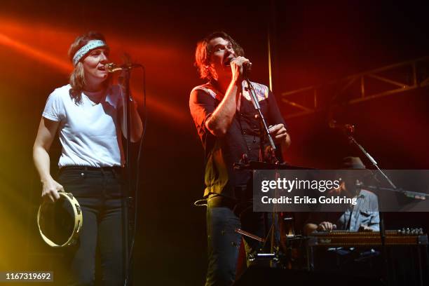 Brandi Carlile performs with Ketch Secor and Joe Andrews of Old Crow Medicine Show during 2019 Railbird Festival at Keeneland Racecourse on August...