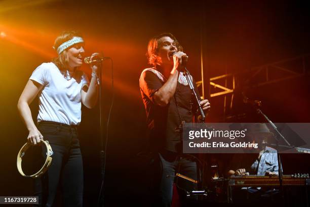Brandi Carlile performs with Ketch Secor and Joe Andrews of Old Crow Medicine Show during 2019 Railbird Festival at Keeneland Racecourse on August...