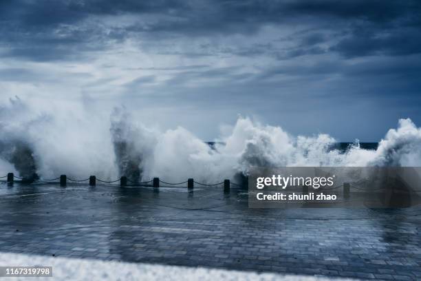 the storm whipped up powerful waves - tyfoon stockfoto's en -beelden