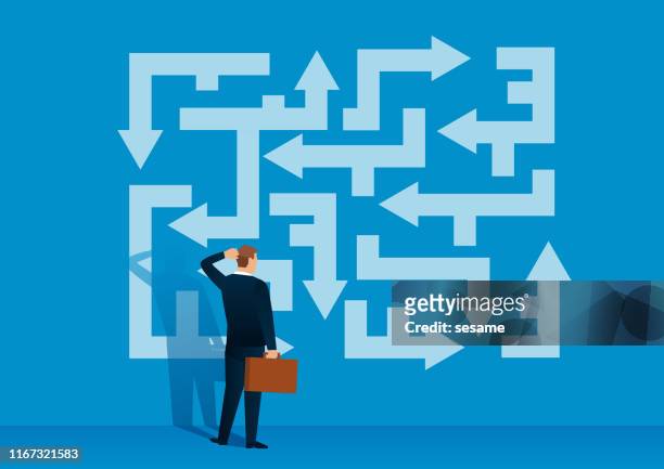 ilustrações de stock, clip art, desenhos animados e ícones de businessman looking at the labyrinth of arrows looking for the right direction - problems