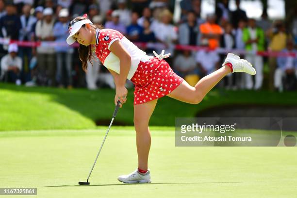 Yui Kawamoto of Japan reacts after missing the eagle putt on the 9th green during the final round of the Hokkaido meiji Cup at Sapporo International...