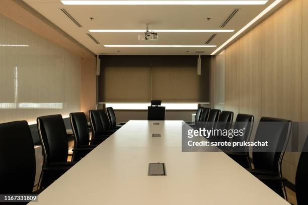 view of the empty modern large group meeting room with video conference , office table and chairs - büro tisch leer stock-fotos und bilder