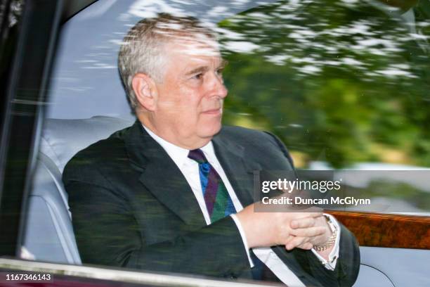 Prince Andrew, Duke of York is driven from Crathie Kirk Church following the service on August 11, 2019 in Crathie, Aberdeenshire. Queen Victoria...