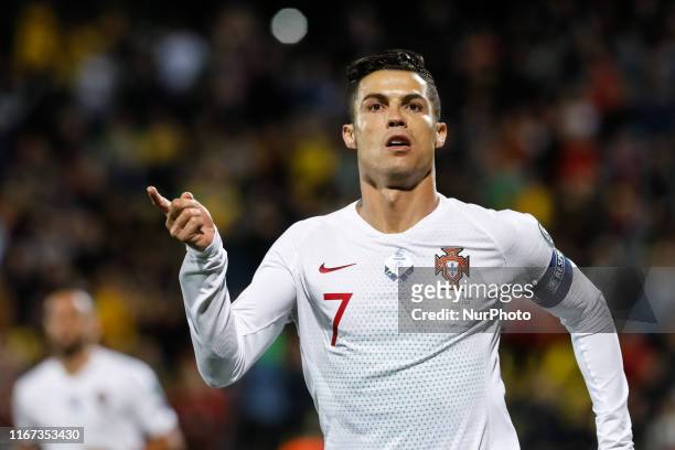 Cristiano Ronaldo of Portugal celebrates his goal during the UEFA Euro 2020 qualifying match between Lithuanua and Portugal on September 10, 2019 at...