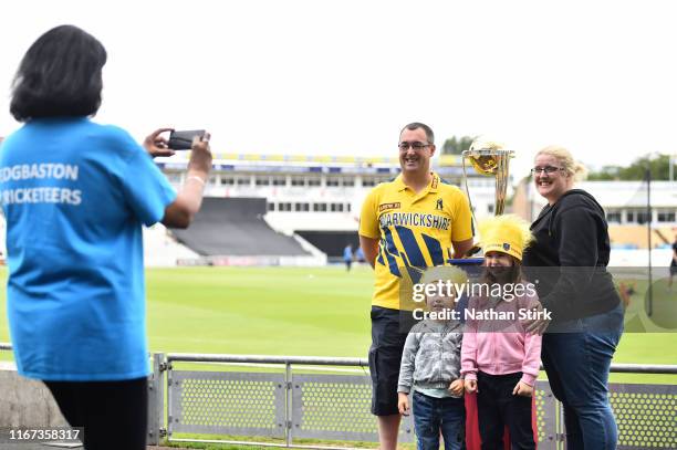 Birmingham Bears fans pose with the ICC 2019 Cricket World Cup during the Vitality Blast match between Birmingham Bears and Lancashire Lightning at...