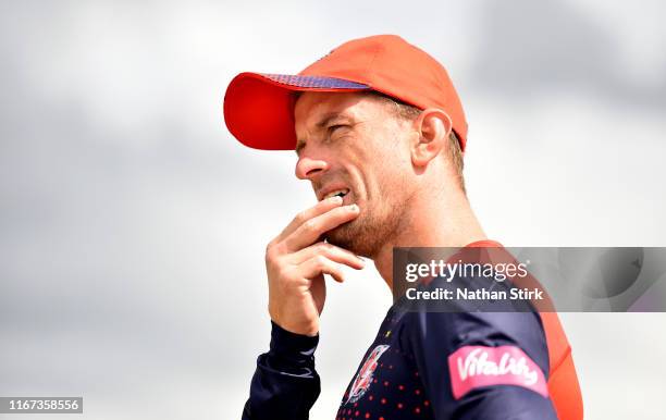 Dane Vilas of Lancashire Lightning looks on during the Vitality Blast match between Birmingham Bears and Lancashire Lightning at Edgbaston on August...