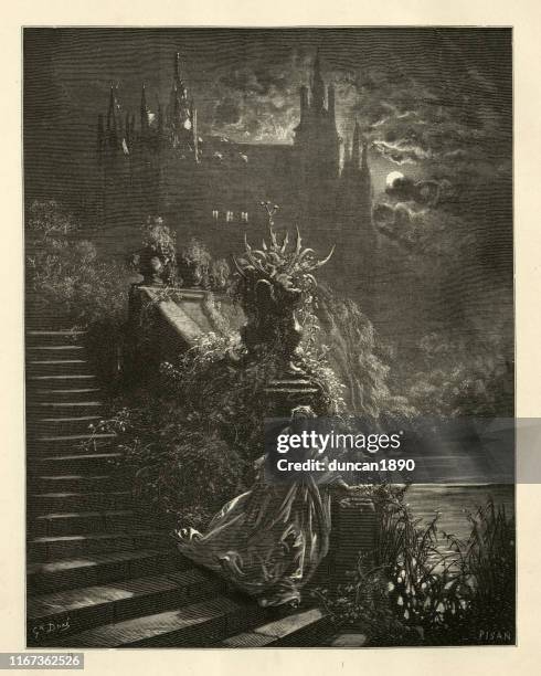 the princess escaping the castle, fairy tales of charles perrault - princess-castle-background stock illustrations