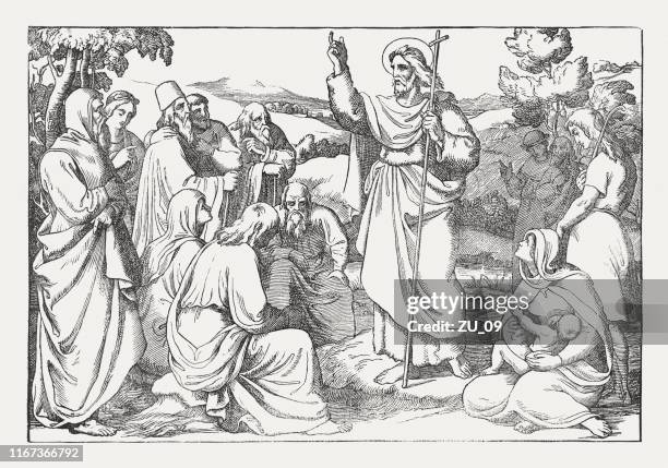johannes der täufer predigt in der wüste, holzschnitt, veröffentlicht 1850 - johannes der täufer stock-grafiken, -clipart, -cartoons und -symbole